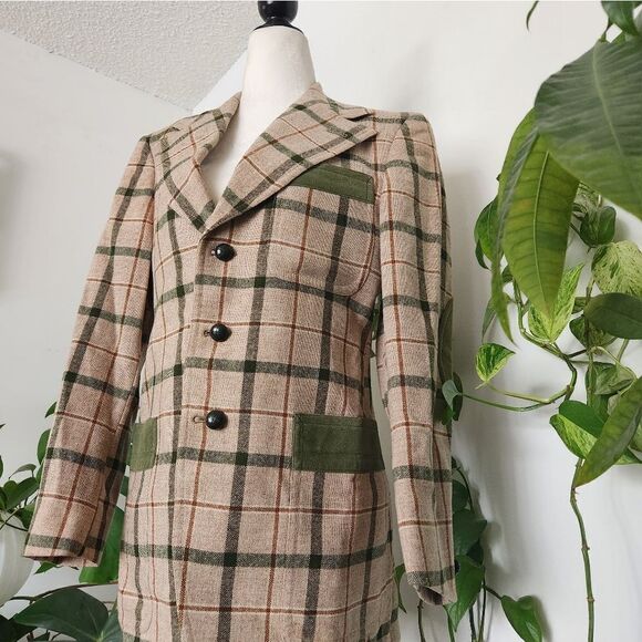 Vintage Wool 70s Plaid Ladies Blazer Jacket Elbow Patches Equestrian Blokecore - Picture 4 of 14